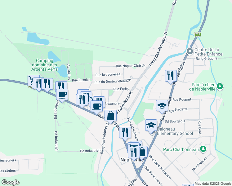 map of restaurants, bars, coffee shops, grocery stores, and more near 236 Rue Anna in Napierville