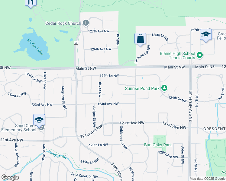 map of restaurants, bars, coffee shops, grocery stores, and more near 14200 Holly Street Northwest in Coon Rapids