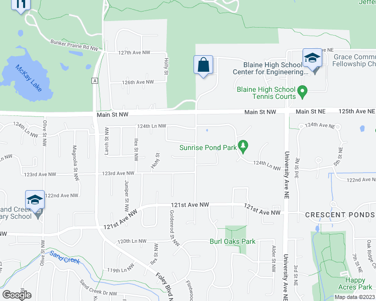 map of restaurants, bars, coffee shops, grocery stores, and more near 12348 Flintwood Street Northwest in Coon Rapids