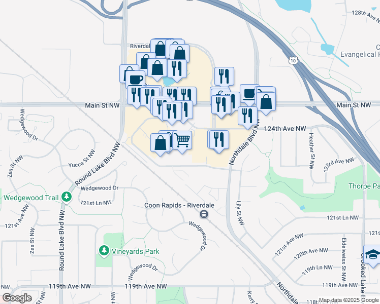 map of restaurants, bars, coffee shops, grocery stores, and more near 3320 124th Avenue Northwest in Minneapolis