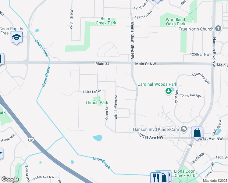 map of restaurants, bars, coffee shops, grocery stores, and more near 2141 123rd Lane Northwest in Minneapolis