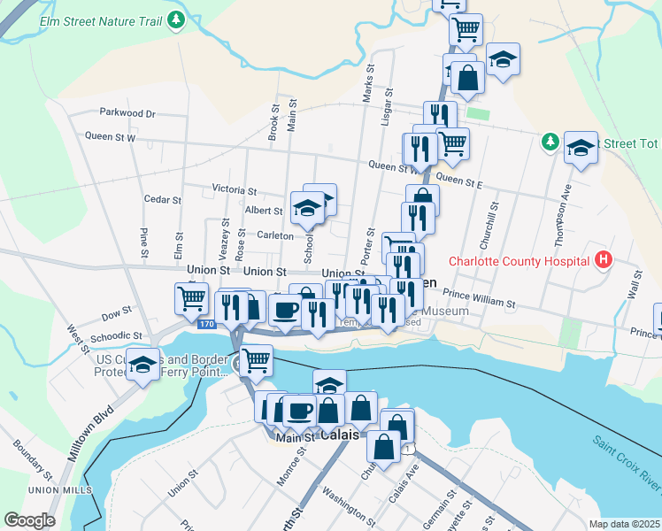 map of restaurants, bars, coffee shops, grocery stores, and more near 27 Union Street in Saint Stephen