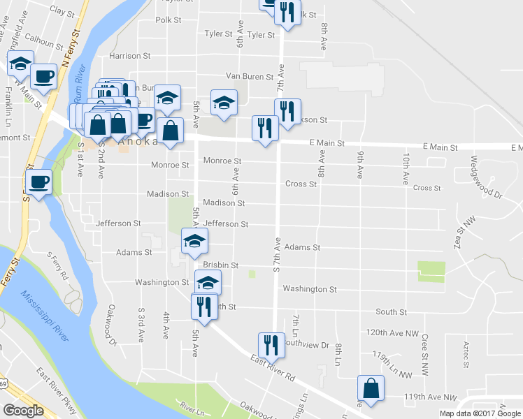 map of restaurants, bars, coffee shops, grocery stores, and more near 640 Madison Street in Anoka