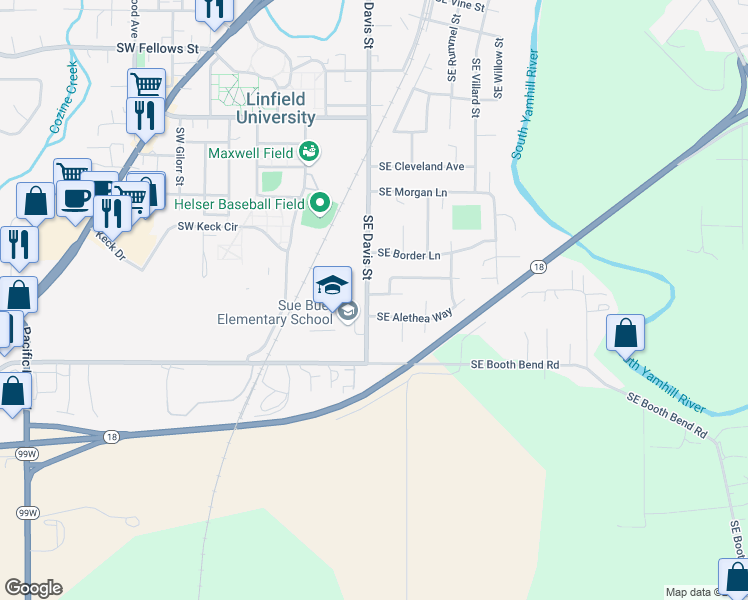 map of restaurants, bars, coffee shops, grocery stores, and more near 410 Southeast Debbie Street in McMinnville