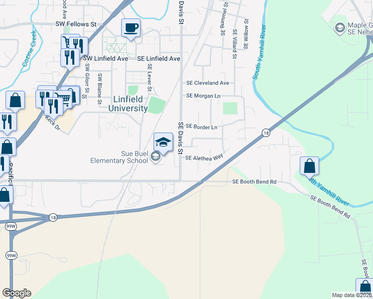 map of restaurants, bars, coffee shops, grocery stores, and more near 416 East Debbie Street in McMinnville