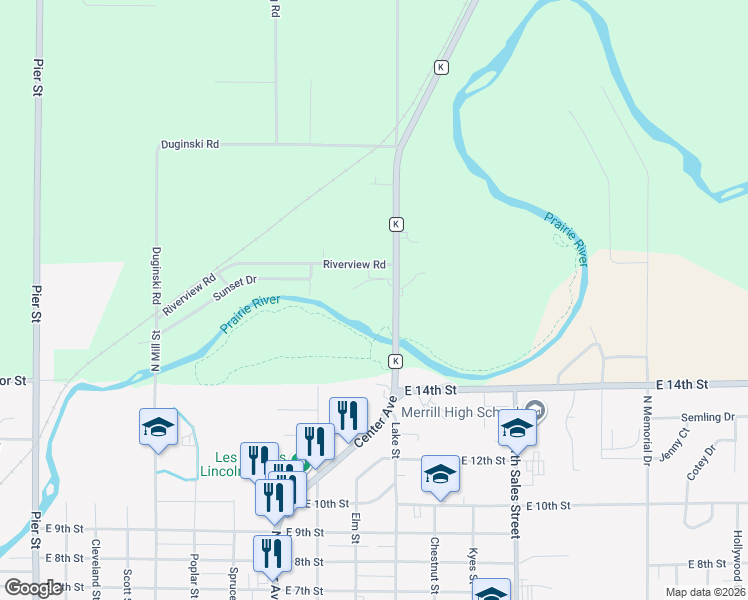 map of restaurants, bars, coffee shops, grocery stores, and more near 2191 County Road K in Merrill