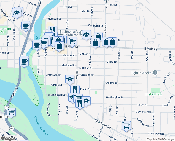 map of restaurants, bars, coffee shops, grocery stores, and more near 600 Madison Street in Anoka