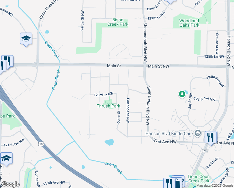 map of restaurants, bars, coffee shops, grocery stores, and more near 12338 Quinn Street Northwest in Coon Rapids