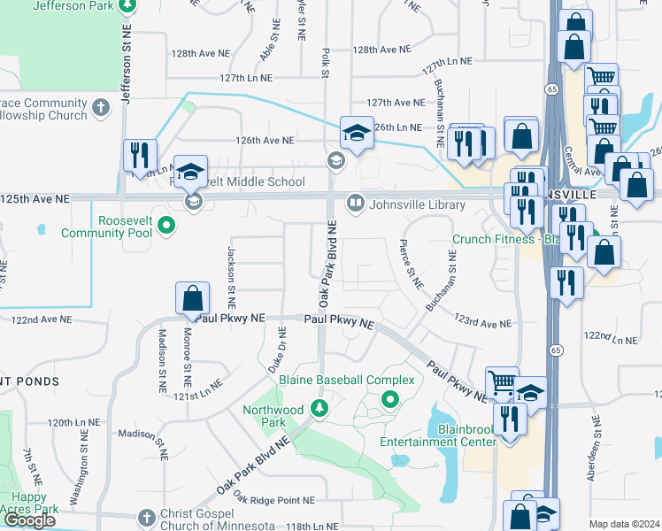 map of restaurants, bars, coffee shops, grocery stores, and more near 12373 Oak Park Boulevard Northeast in Blaine