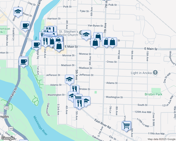map of restaurants, bars, coffee shops, grocery stores, and more near 600 Madison Street in Anoka
