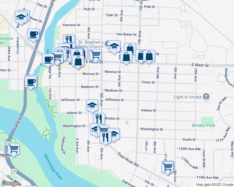 map of restaurants, bars, coffee shops, grocery stores, and more near 550 Madison Street in Anoka