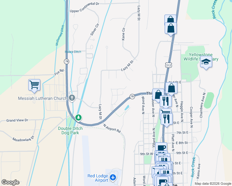 map of restaurants, bars, coffee shops, grocery stores, and more near Lazy M St in Red Lodge