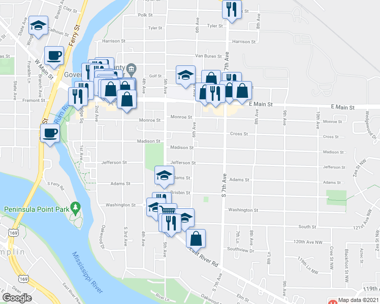 map of restaurants, bars, coffee shops, grocery stores, and more near 600 Madison Street in Anoka