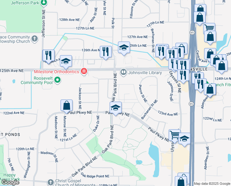 map of restaurants, bars, coffee shops, grocery stores, and more near 12401 Tyler Street Northeast in Blaine