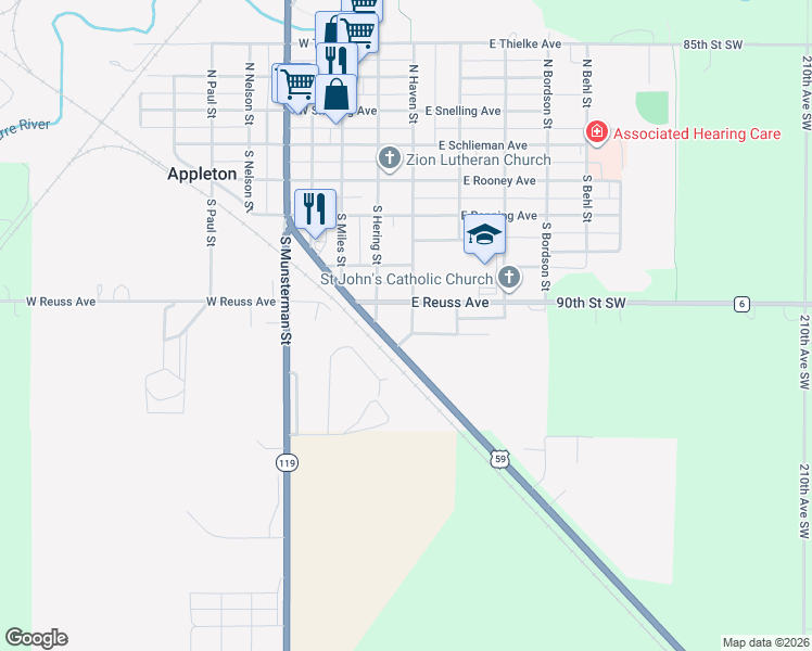 map of restaurants, bars, coffee shops, grocery stores, and more near 441 South Haven Street in Appleton