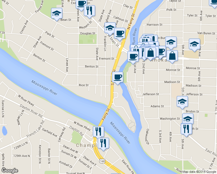 map of restaurants, bars, coffee shops, grocery stores, and more near 1627 South Ferry Street in Anoka