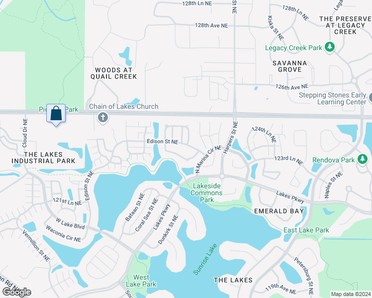map of restaurants, bars, coffee shops, grocery stores, and more near 12361 Edison Street Northeast in Blaine