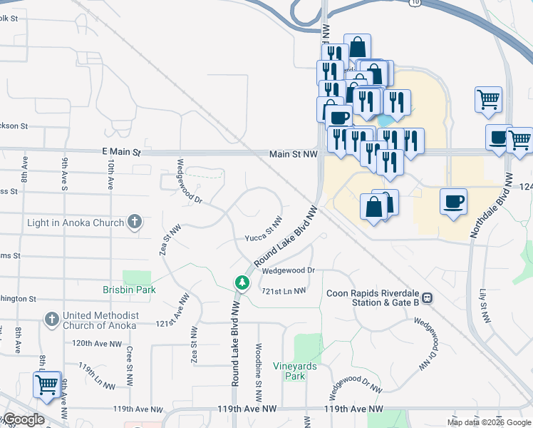 map of restaurants, bars, coffee shops, grocery stores, and more near 3724 123rd Lane Northwest in Coon Rapids