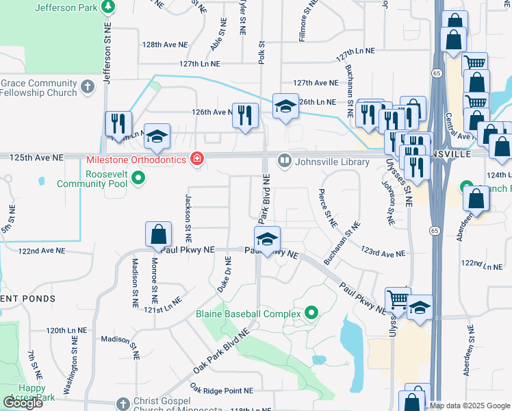 map of restaurants, bars, coffee shops, grocery stores, and more near 12401 Tyler Street Northeast in Blaine