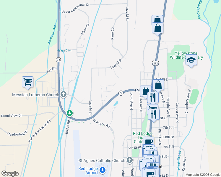 map of restaurants, bars, coffee shops, grocery stores, and more near 64 Alpine Basin Loop in Red Lodge