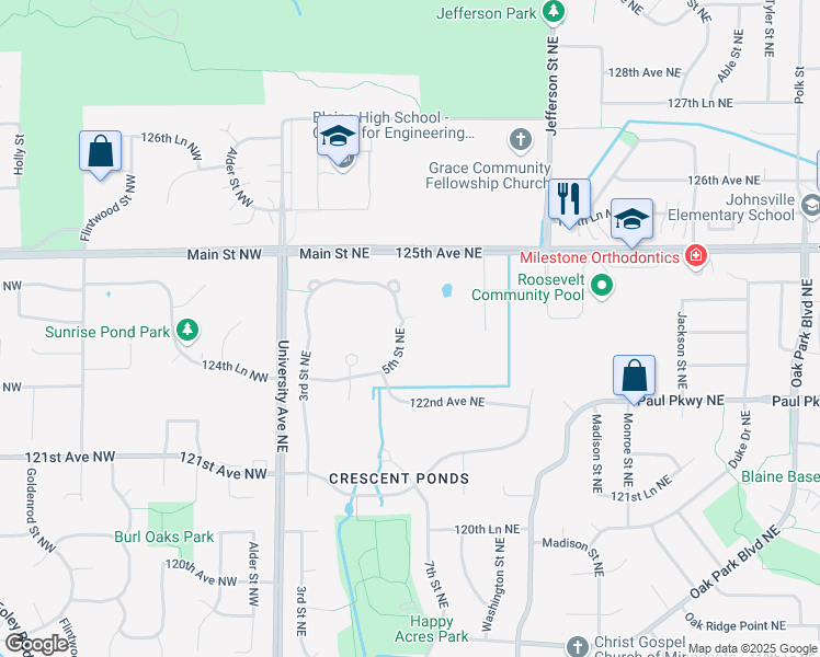 map of restaurants, bars, coffee shops, grocery stores, and more near 12349 5th Street Northeast in Blaine