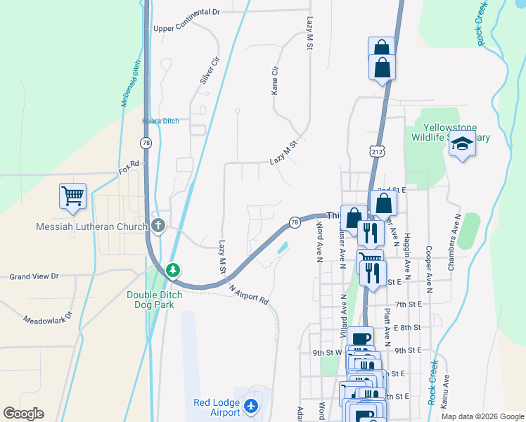 map of restaurants, bars, coffee shops, grocery stores, and more near Lazy M St in Red Lodge
