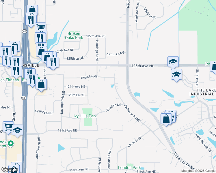 map of restaurants, bars, coffee shops, grocery stores, and more near 12352 Radisson Road Northeast in Minneapolis