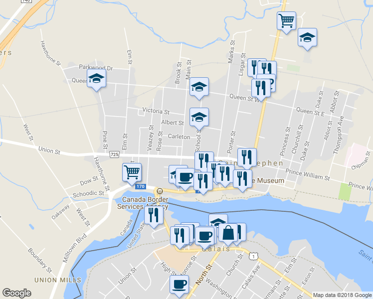 map of restaurants, bars, coffee shops, grocery stores, and more near 45 Union Street in Saint Stephen