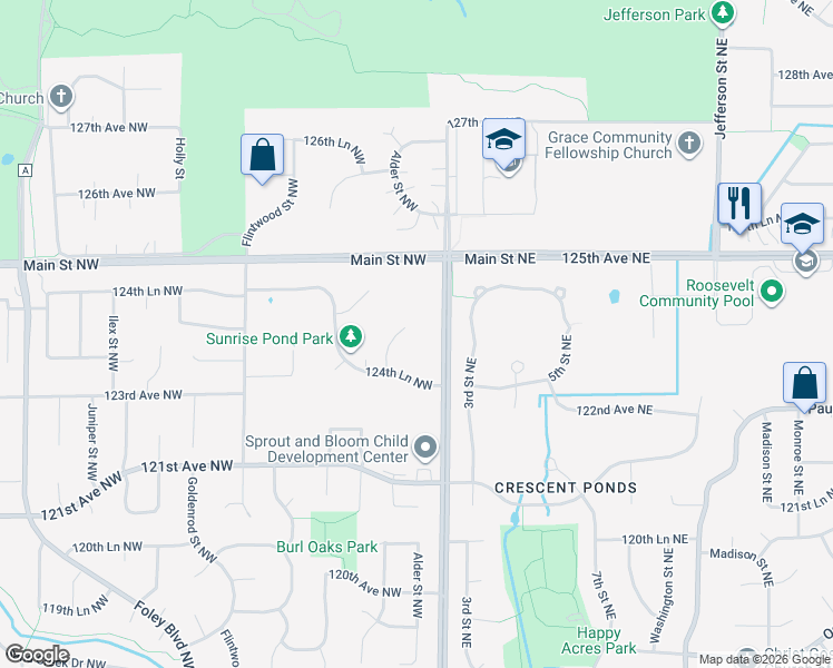 map of restaurants, bars, coffee shops, grocery stores, and more near 12425 Alder Street Northwest in Minneapolis