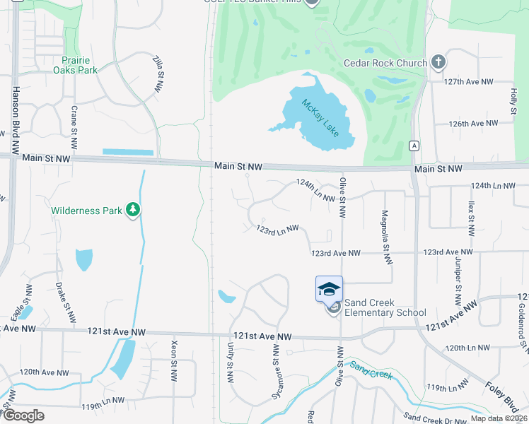 map of restaurants, bars, coffee shops, grocery stores, and more near 977 123rd Lane Northwest in Minneapolis
