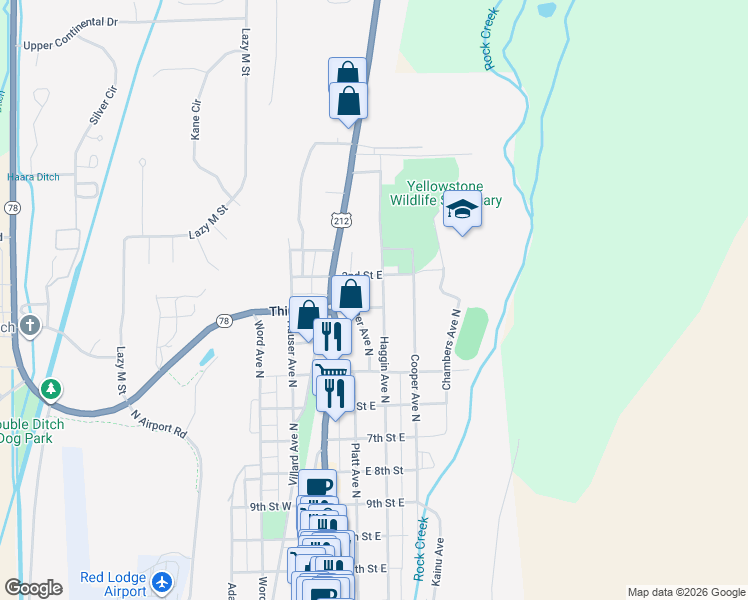 map of restaurants, bars, coffee shops, grocery stores, and more near 819 Haggin Avenue North in Red Lodge