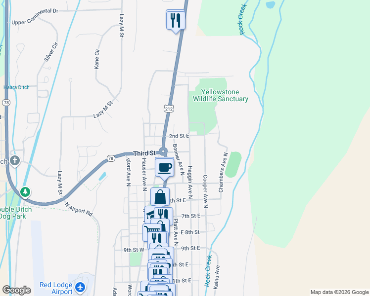 map of restaurants, bars, coffee shops, grocery stores, and more near 819 Haggin Avenue North in Red Lodge