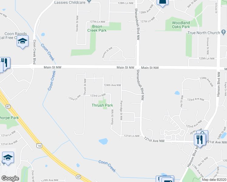 map of restaurants, bars, coffee shops, grocery stores, and more near 2141 123rd Lane Northwest in Minneapolis