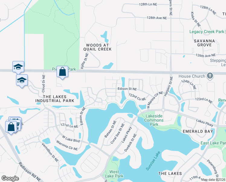map of restaurants, bars, coffee shops, grocery stores, and more near 12371 Alamo Circle Northeast in Blaine
