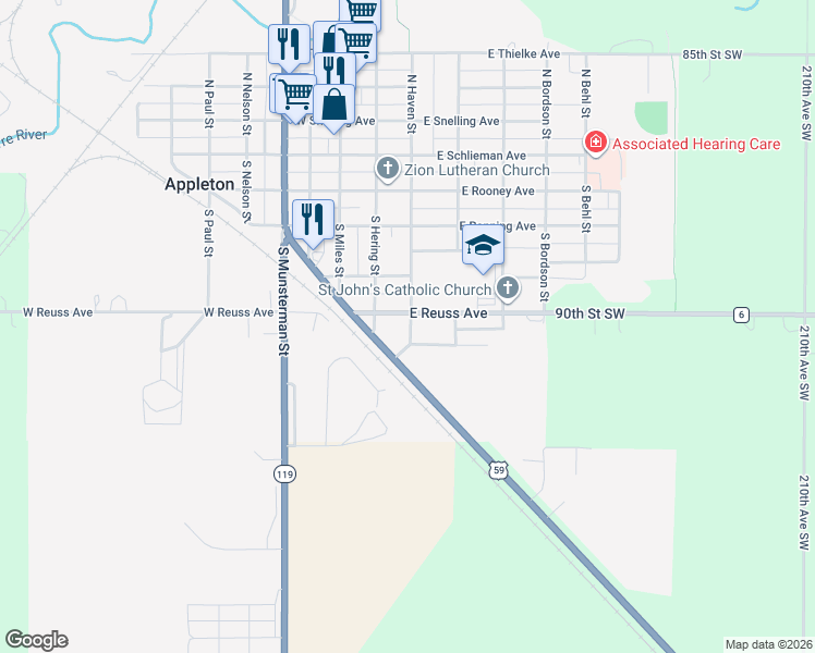 map of restaurants, bars, coffee shops, grocery stores, and more near 441 South Haven Street in Appleton