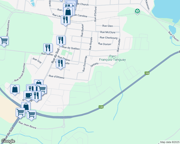 map of restaurants, bars, coffee shops, grocery stores, and more near Rue d'Ontario in Cowansville