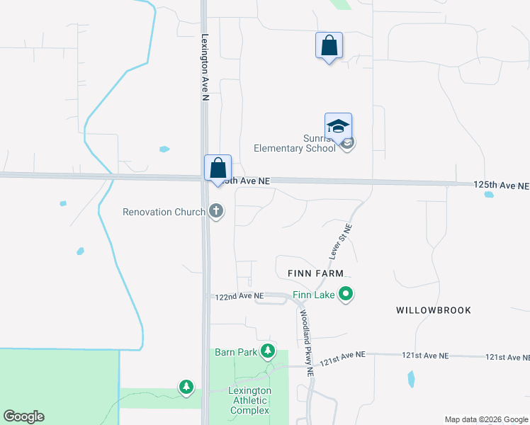 map of restaurants, bars, coffee shops, grocery stores, and more near 12395 Ghia Street Northeast in Minneapolis