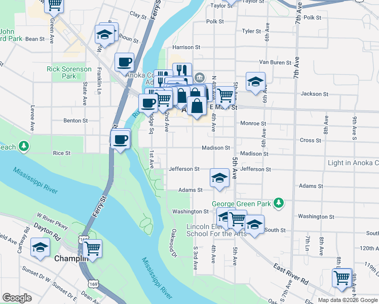 map of restaurants, bars, coffee shops, grocery stores, and more near 1726 3rd Avenue in Anoka