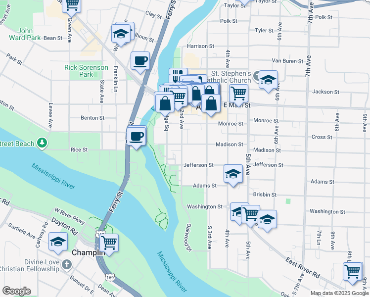 map of restaurants, bars, coffee shops, grocery stores, and more near 220 Madison Street in Anoka