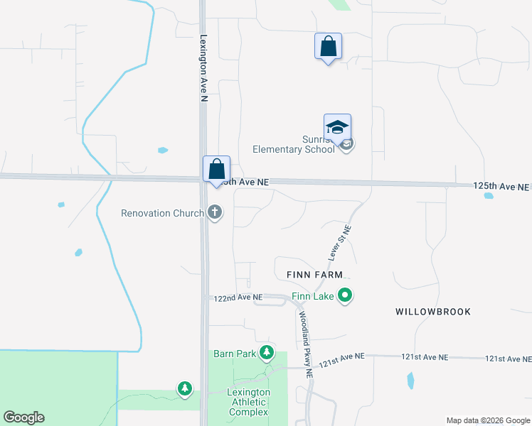 map of restaurants, bars, coffee shops, grocery stores, and more near 12395 Ghia Street Northeast in Minneapolis