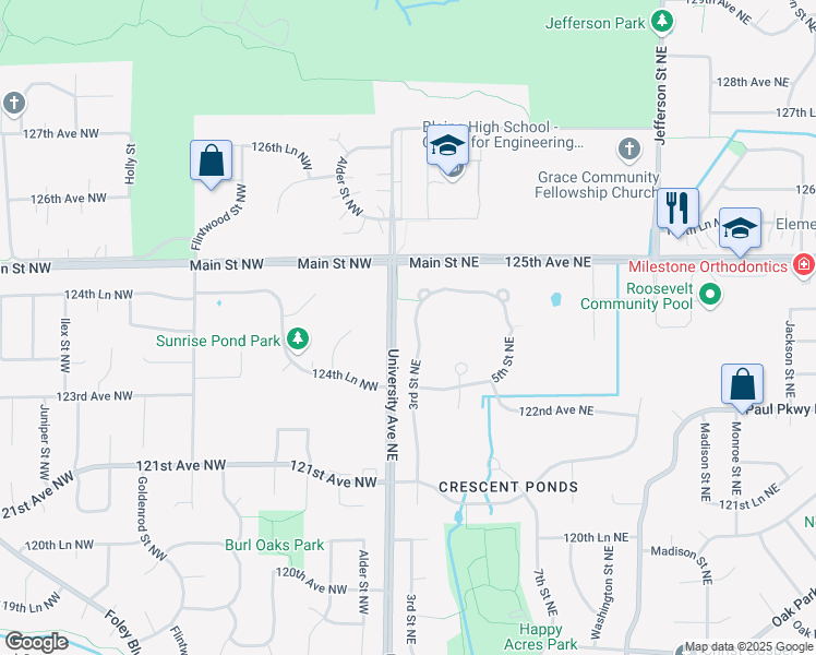 map of restaurants, bars, coffee shops, grocery stores, and more near 12356 3rd Street Northeast in Blaine