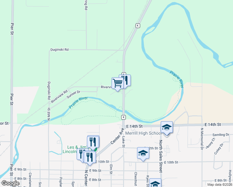 map of restaurants, bars, coffee shops, grocery stores, and more near 2191 County Road K in Merrill