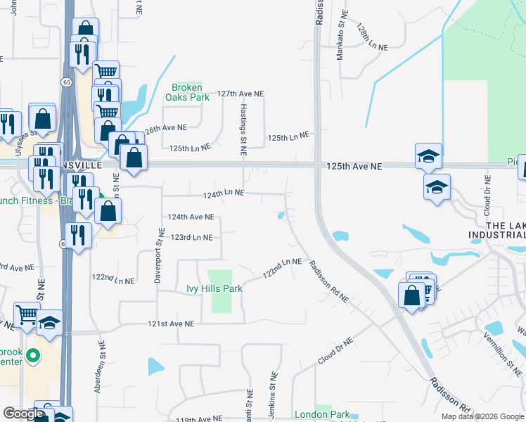 map of restaurants, bars, coffee shops, grocery stores, and more near 12352 Radisson Road Northeast in Minneapolis
