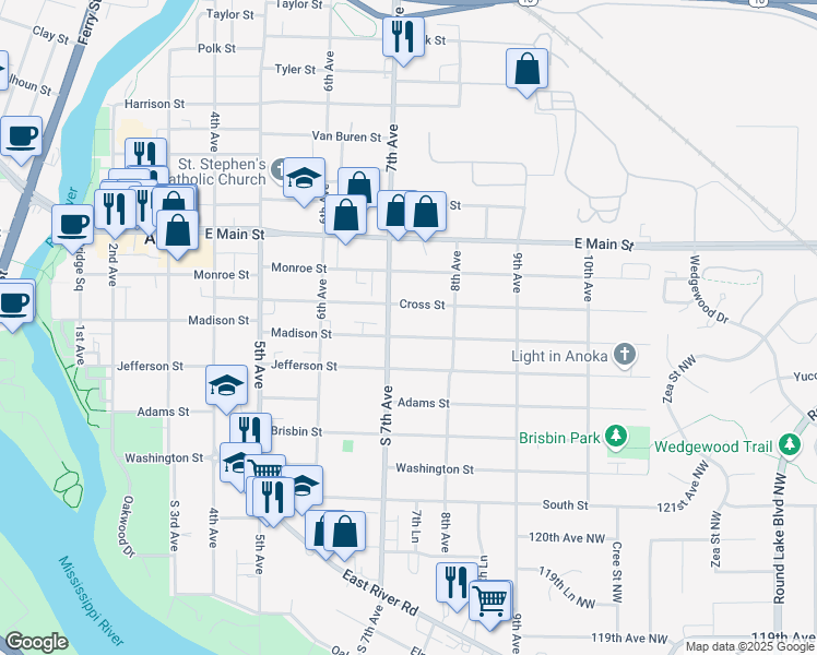 map of restaurants, bars, coffee shops, grocery stores, and more near 715 Madison Street in Anoka
