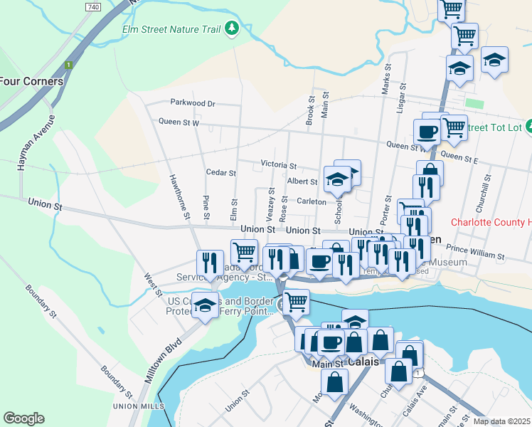 map of restaurants, bars, coffee shops, grocery stores, and more near 6 Veazey Street in Saint Stephen