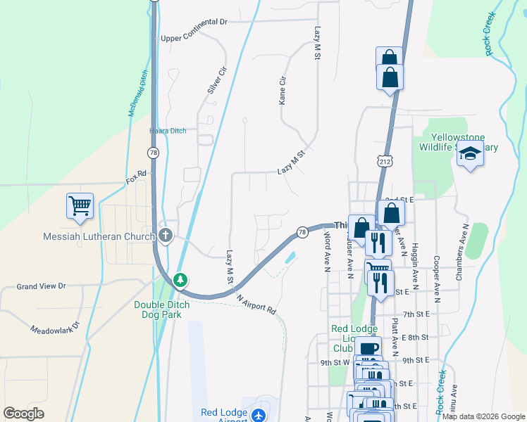 map of restaurants, bars, coffee shops, grocery stores, and more near Lazy M St in Red Lodge