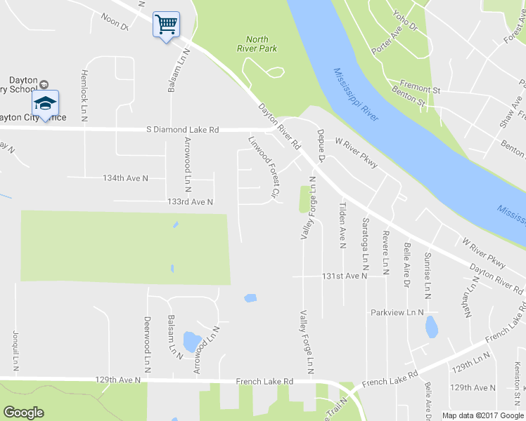 map of restaurants, bars, coffee shops, grocery stores, and more near 13325 Linwood Forest Circle in Champlin