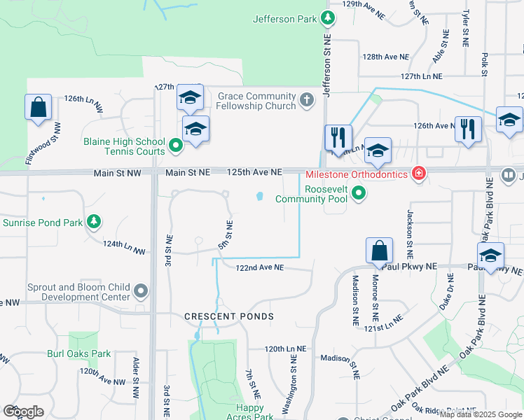 map of restaurants, bars, coffee shops, grocery stores, and more near 12349 5th Street Northeast in Blaine