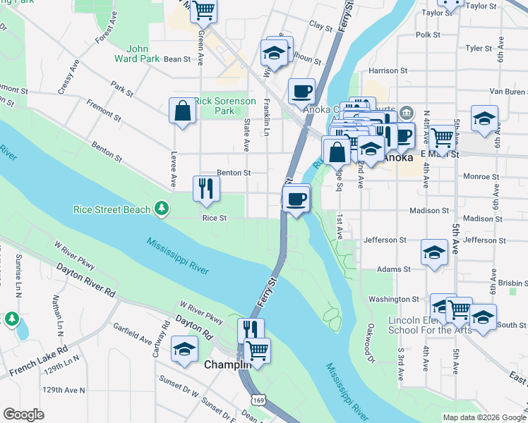 map of restaurants, bars, coffee shops, grocery stores, and more near 318 Rice Street in Anoka