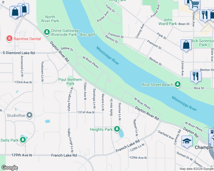 map of restaurants, bars, coffee shops, grocery stores, and more near 219 Revere Lane North in Champlin